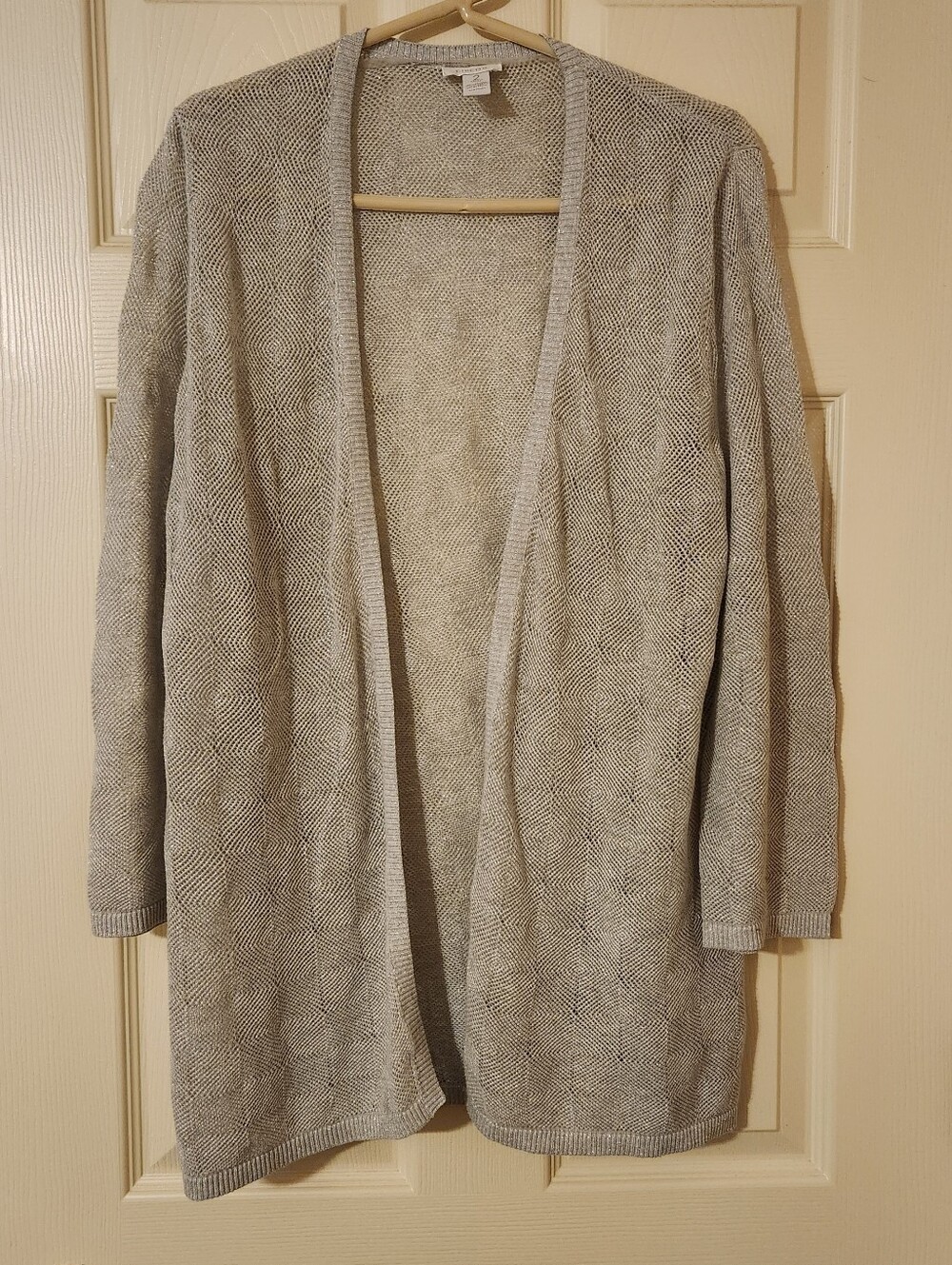 Chicos Women's Open Knit  Cardigan Sweater Gray Metallic Sz 2 Large Wool Blend